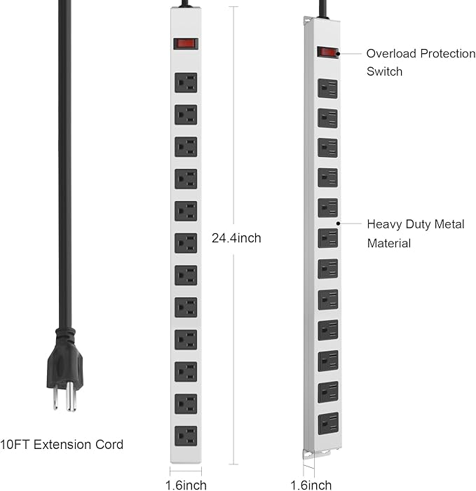 JUNNUJ Metal 12 Outlet Power Strip, Mountable Heavy Duty Power Strip, 1200J - Image 3