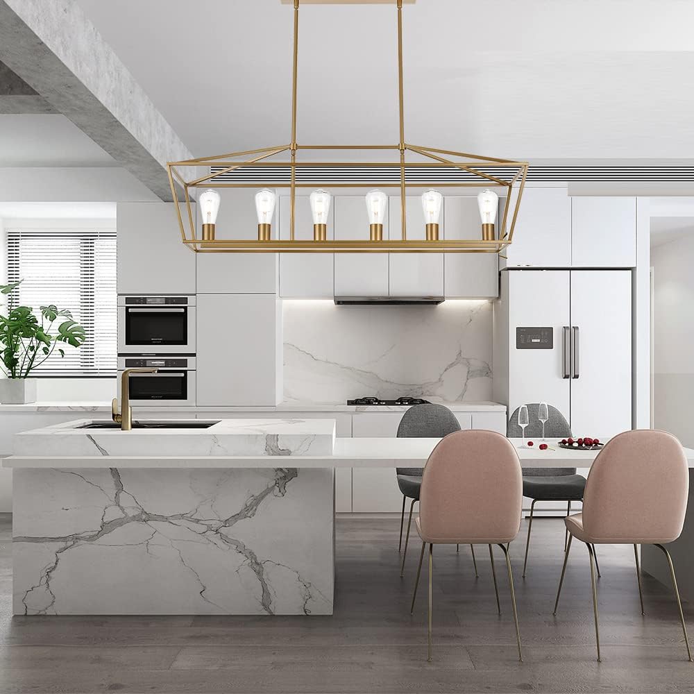 BONLICHT Farmhouse Chandeliers Gold 6 Light Modern Linear Dining Room Pendant Lighting Traditional Rectangular Kitchen Island Lantern Light Fixture Classic Ceiling Light with Adjustable Rods