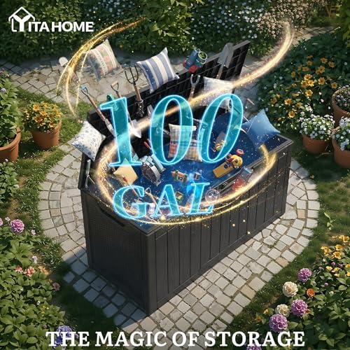 yitahome 100 gallon large outdoor deck box shown in use