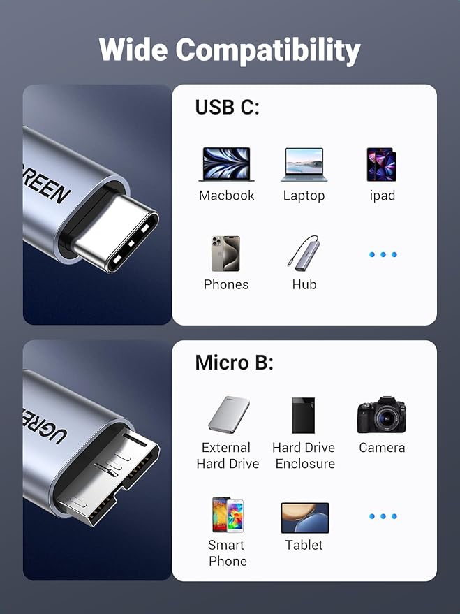 UGREEN 10 Gbps Micro B to USB C Hard Drive Cables, 10FT USB C to Micro B - Image 6