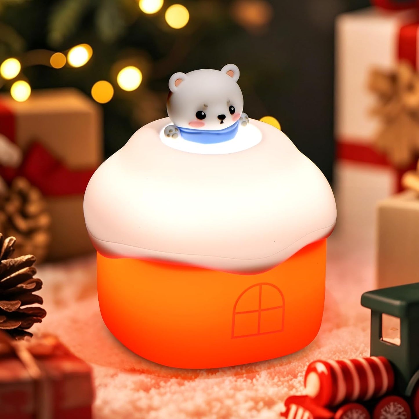 Snow Hut Silicone Night Light, Kids Bedside Lamp with 7 Fun Sound Effects, Touch Dimming, 30-Min Auto-Off Timer, Volume Control, 1000mAh Battery, Toddler Bedroom Essential, Birthday Surprise Bear