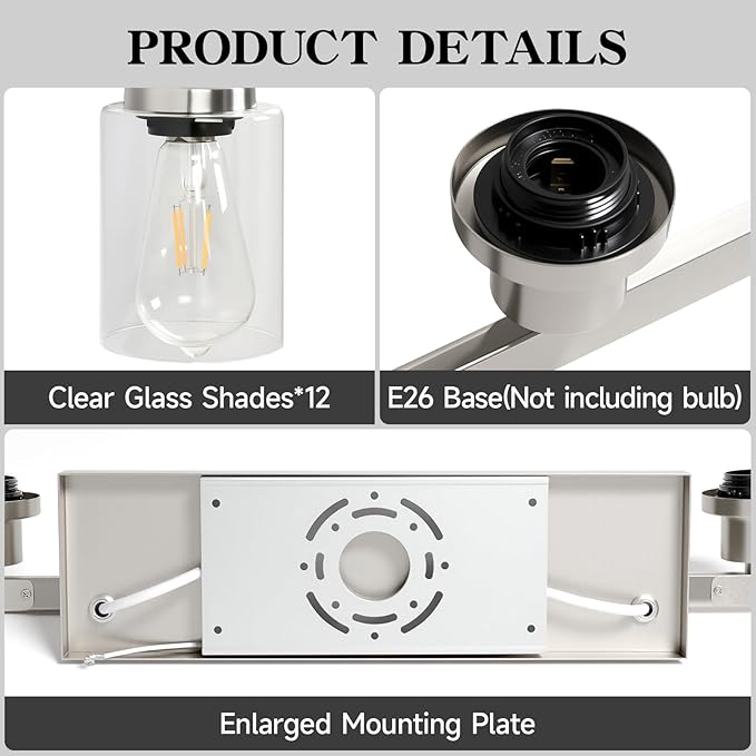 DIKAIDA Brushed Nickel Bathroom Vanity Light, 12 Light Brushed Nickel Bathroom - Image 4