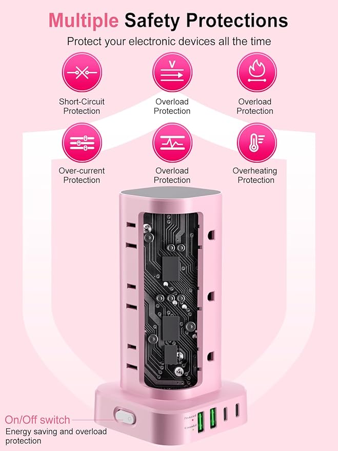 Power Strip Tower with Multiple Outlets, Flat Plug Surge Protector Tower - Image 7