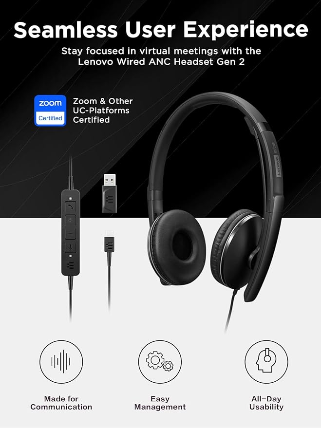 Lenovo Wired ANC Headset, USB-C and USB-A connectivity, Zoom Certified - Image 5