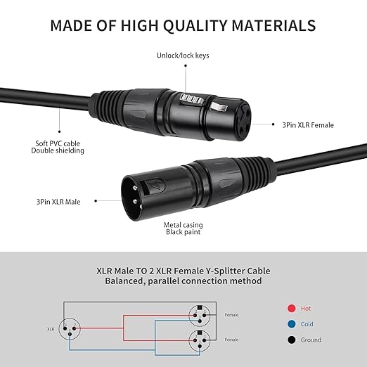 2 Pack XLR Splitter Cable, 1 Maleto 2 Female, 5FT Stereo Mic to L&R Audio - Image 4