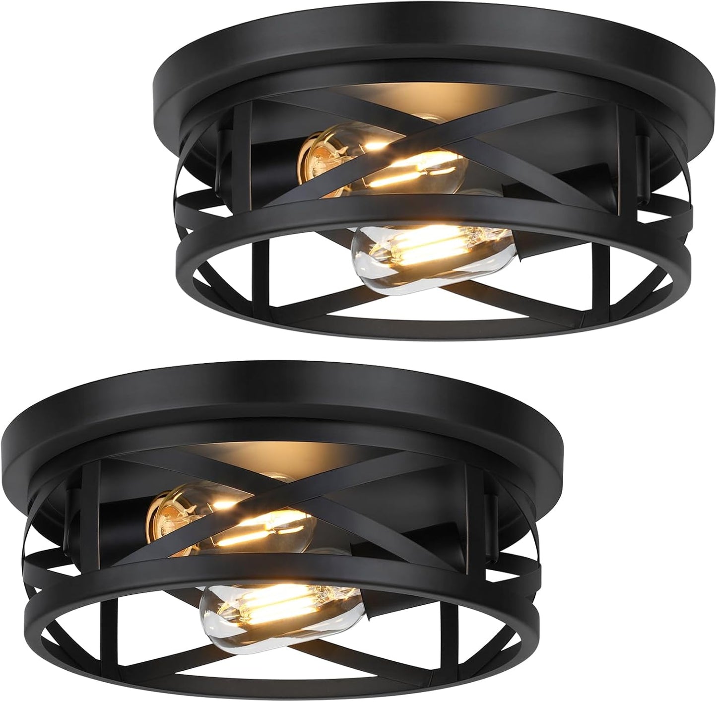 2-Light Flush Mount Ceiling Light Fixtures, 2-Pack | Farmhouse Black Ceiling Lights, Industrial Metal Cage Light Fixtures with Adjustable Head for Bedroom Hallway Kitchen