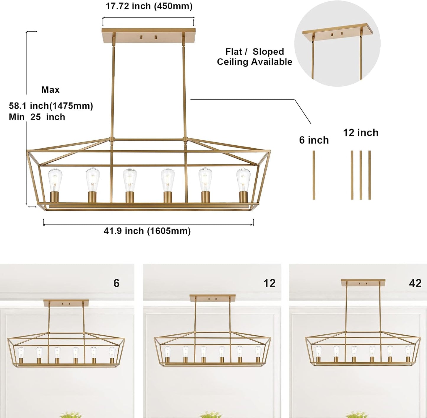 BONLICHT Farmhouse Chandeliers Gold 6 Light Modern Linear Dining Room Pendant Lighting Traditional Rectangular Kitchen Island Lantern Light Fixture Classic Ceiling Light with Adjustable Rods