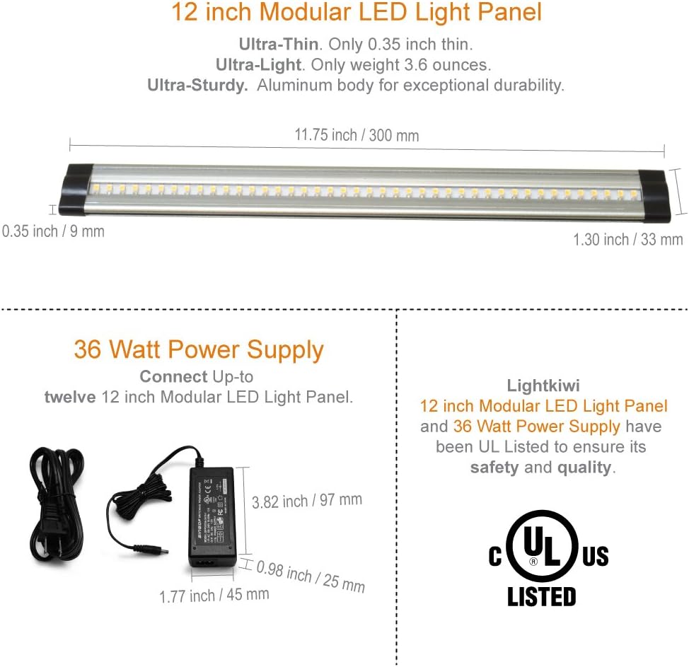 Lightkiwi N5886 12 inch Warm White Dimmable LED Under Cabinet Lighting 12 Panel Pro Kit, 3360 Lumen, 3000 Kelvin, 24VDC, Dimmer Switch & All Accessories Included, Continuous Dimming, Aluminum Body