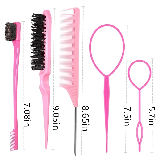 5Pcs Slick Back Brush Set with Topsy Tail Tool, Teasing Bristle, Rat Comb - Image 7