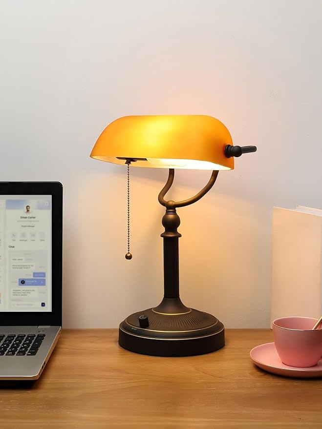 Newrays Matted Amber Glass Bankers Desk Lamp, Stepless Dimmable Table Lamp Plug - Image 2