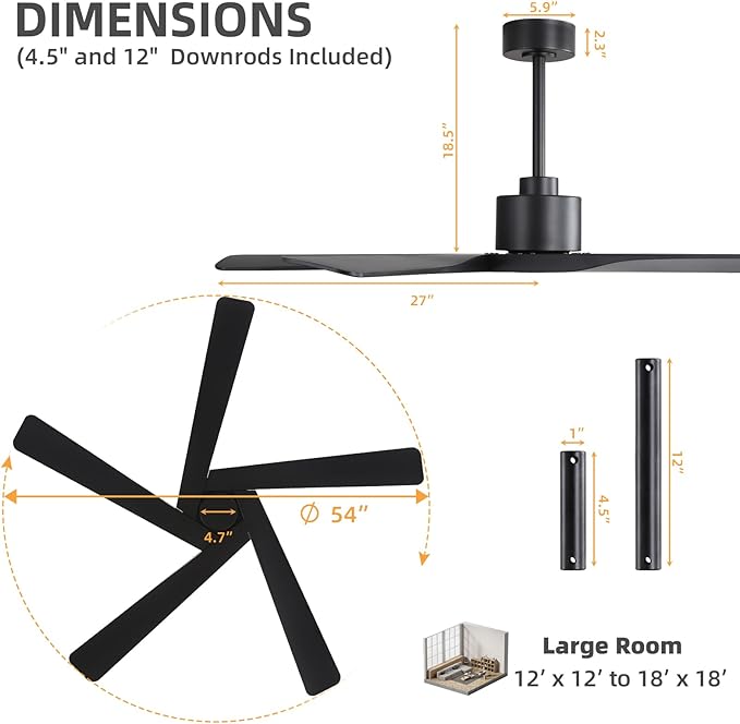 WINGBO 54" ABS DC Ceiling Fan No Light, 5 Blade ABS Plastic Ceiling Fan - Image 3