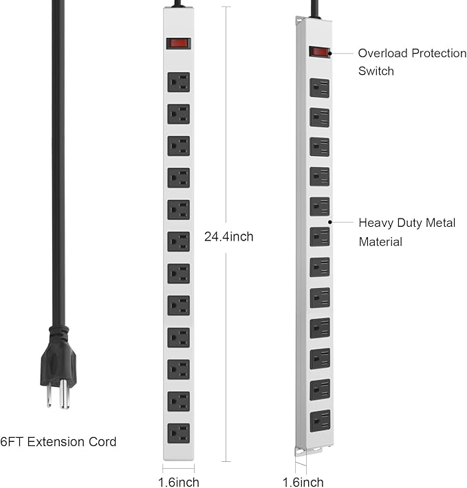 JUNNUJ Metal 12 Outlet Power Strip, Mountable Heavy Duty Power Strip, 1200J - Image 3