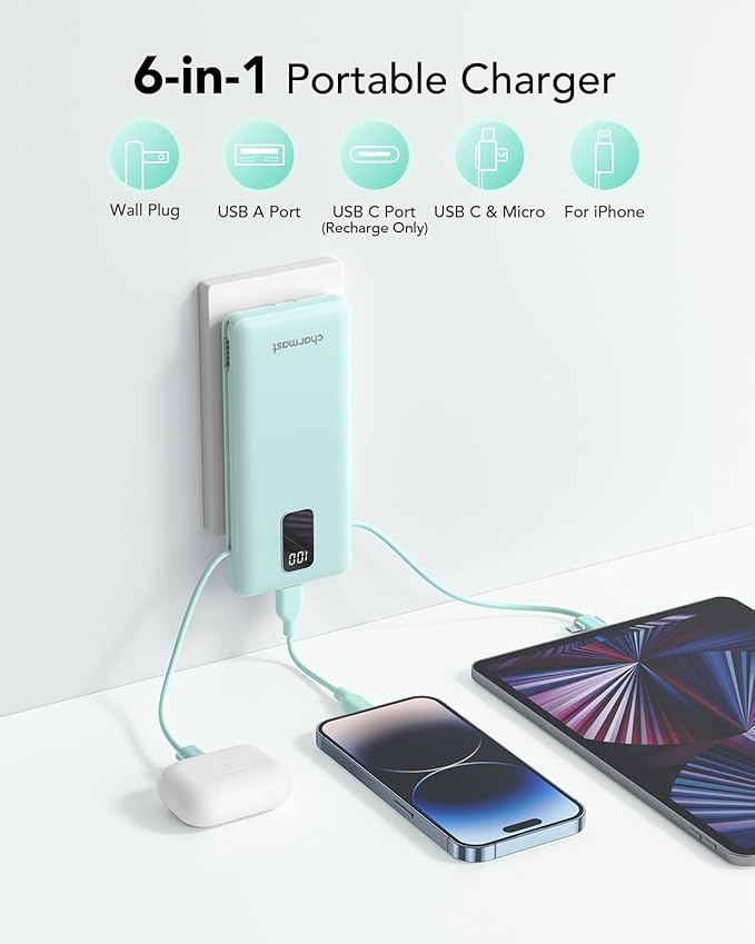 charmast Portable Charger with Built-in Cables and Plug, 10000mAh USB C Power - Image 2