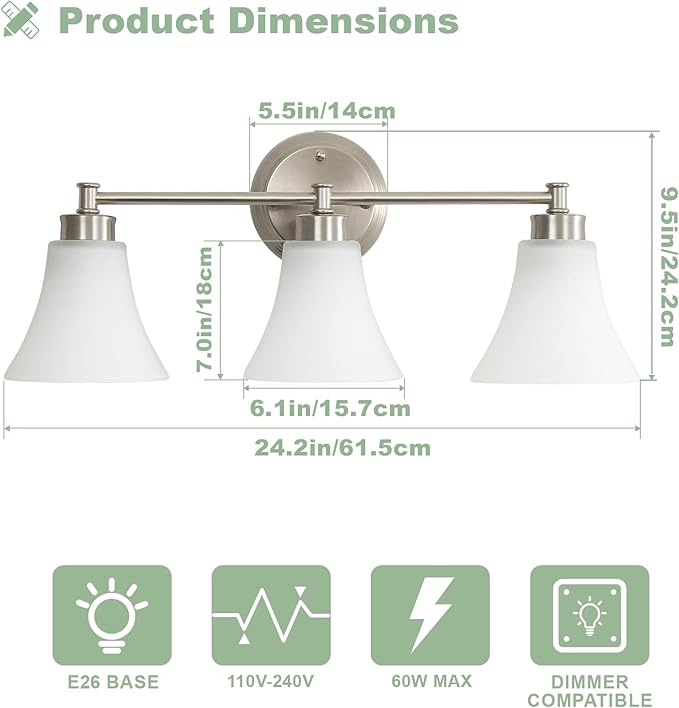 LOUSACE 3 Light Bathroom Vanity Light Vintage Brushed Nickel Bathroom Lighting - Image 5