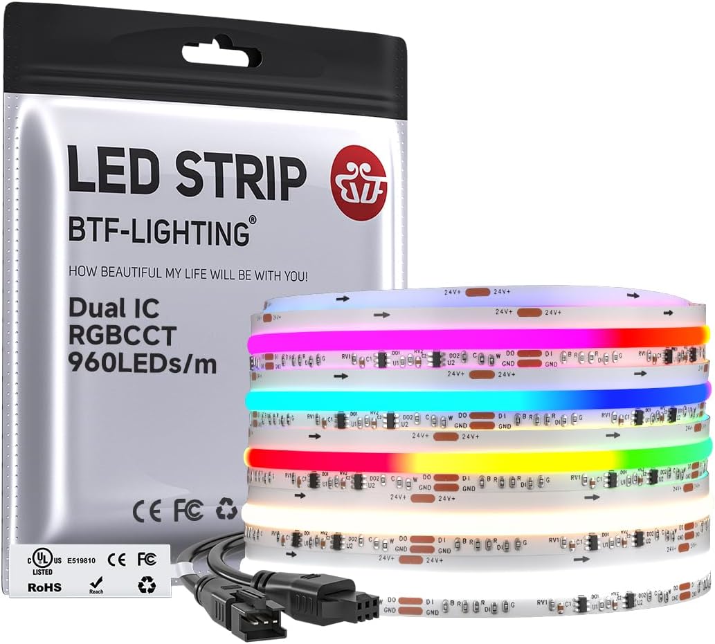 BTF-LIGHTING 16.4FT WS2811 Dual IC Chasing RGBCCT DC24V COB LED Strip Light | UL Listed High Density 960LEDs/m Chasing IC RGB Light+Tunable White 3000K-6000K,12mm Width 3M Tape(No Adapter or Controller)