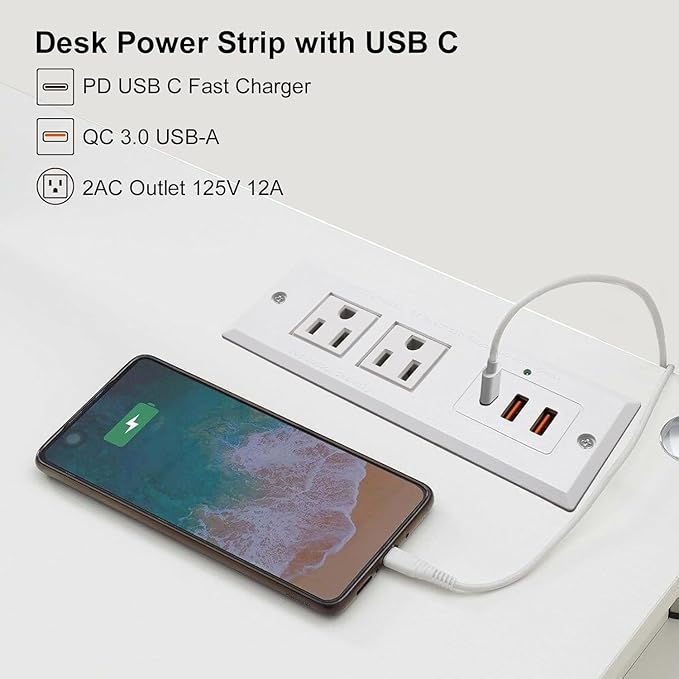 20W Recessed Power Strip USB C Fast Charge Desk Power Outlet Type C Flush - Image 3