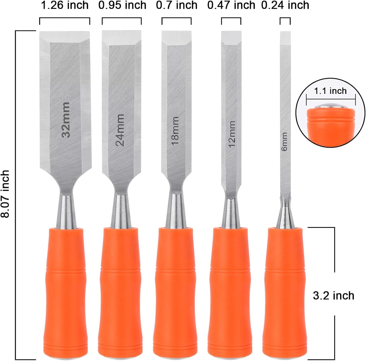 5 Piece Wood Chisel Sets Woodworking Tools Set, Wood Chisels for Woodworking with Steel Hammer End, Wood Tools Chisel Set Woodworking with Ergonomic Plastic Handle, 6mm, 12mm, 18mm, 24mm, 32mm