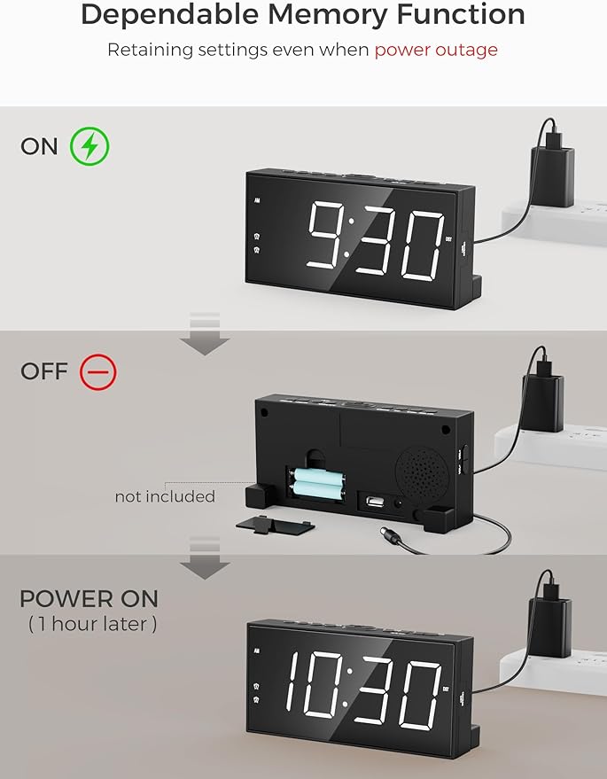 PPLEE Alarm Clock for Bedroom, 2 Alarms Loud LED Big Display Plug in Simple - Image 6