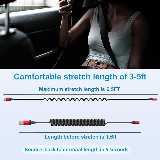 iPhone Charger Cable 6FT for Car, Coiled Lightning Cable 2 Pack 6 Feet - Image 6
