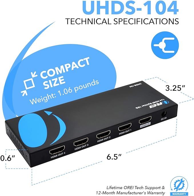 OREI HDMI Splitter 1 in 4 Out – 1x4 4K@60Hz HDMI 2.0 UHD Powered 4-Port HDMI - Image 6