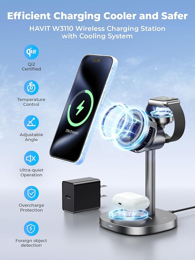 havit 3 in 1 Wireless Charging Station, Qi2 15W Cooling Magnetic Charging Stand - Image 2