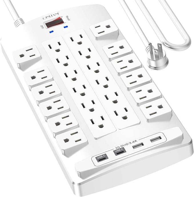 QINLIANF Surge Protector Power Strip - 10Ft Flat Plug Heavy Duty Extension Cord by QINLIANF