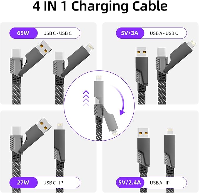 Firsting 4 in 1 Charging Cable 65W, USB C Cable Fast Charger Cord - Image 2
