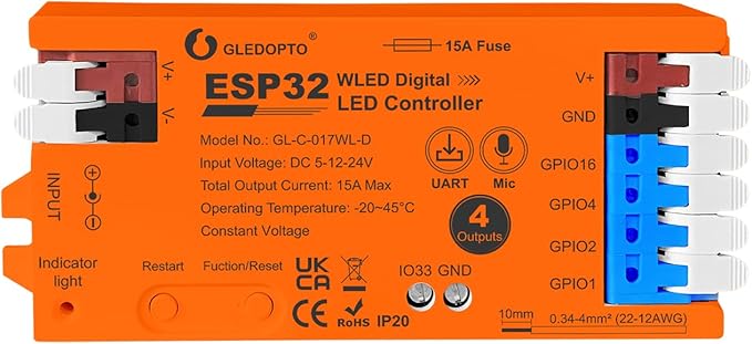 ESP32 WLED LED Strip Light Controller 4 Channel Output 15A Fuse Link Level by GledoptoSmartHome