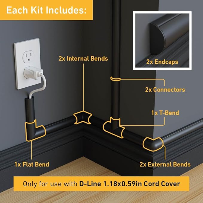 D-Line Medium Cable Raceway Accessory Pack, Join 1.18in x 0.59in Cord Cover - Image 2