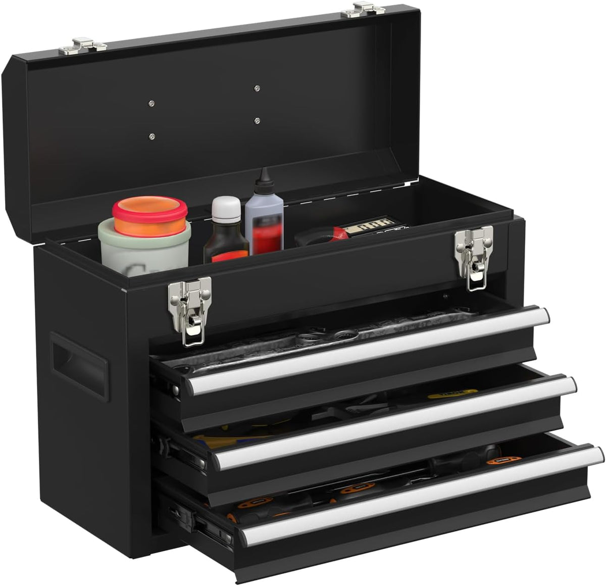 portable metal tool box with drawers, latches tool, main product view