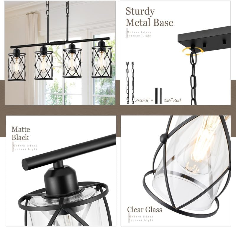 4-Light Kitchen Island Lighting, Modern Black Dining Room Light Fixtures with Clear Glass, Farmhouse Industrial Linear Chandelier Pendant Light with Adjustable Chain, CH9176BK-4IS