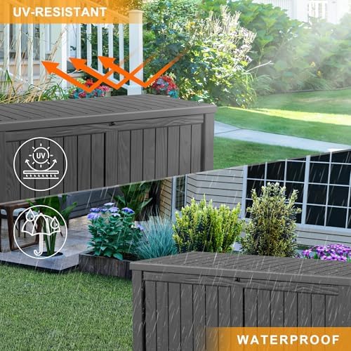 rojik 150 gallon deck box outdoor, waterproof outdoor showing dimensions