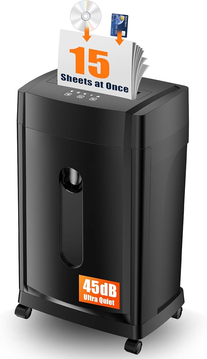KRT Ultra-Quiet Paper Shredder 38dB, 30 Min Run Time, 15 Sheet Cross-Cut by KRTKRT