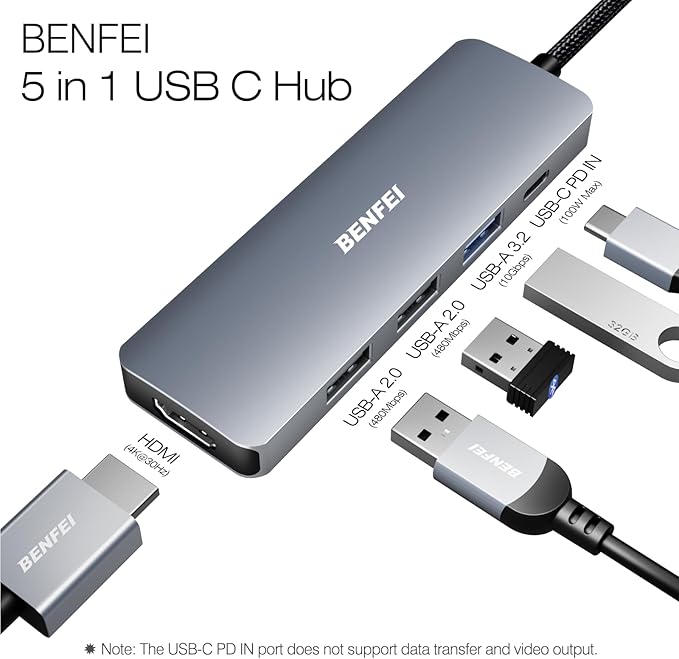 BENFEI USB C Hub 5-in-1 with 4K HDMI, 100W Power Delivery, 3 USB-A, Silicone - Image 3