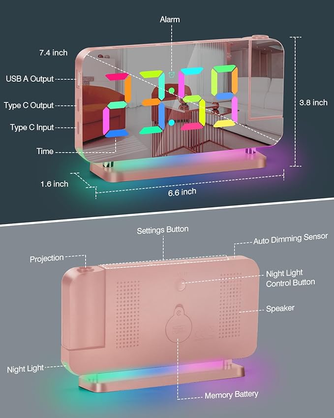 SZELAM Projection Alarm Clock, 7.4 in LED Mirror Digital Clocks Projection on - Image 9