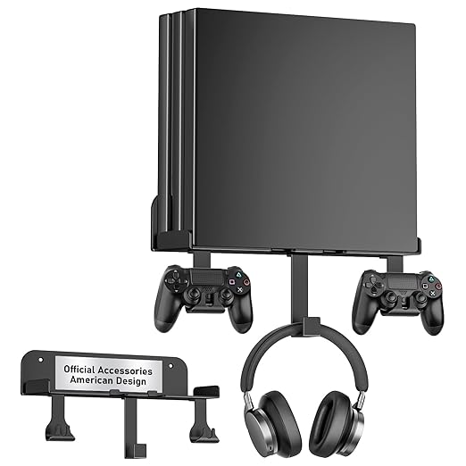 Wall Mount for PS4 Pro with Detachable 2 Controller Holder & Headphone Hanger by nymus