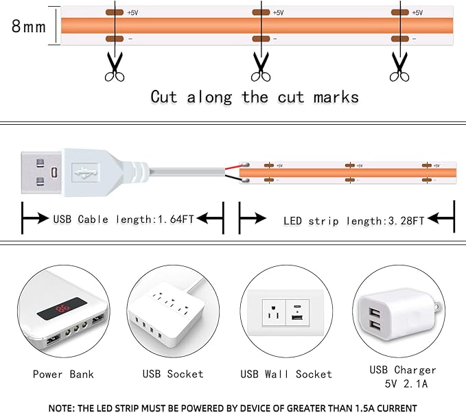 UVTaoYuan Short Led Strip Lights Pink 5V USB LED Lighting COB LED Strip Pink - Image 4