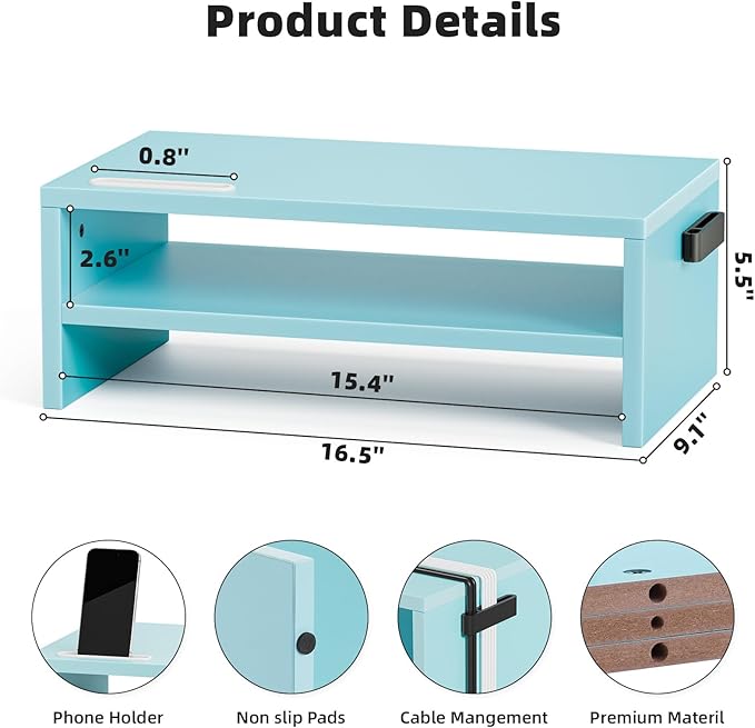 Marbrasse Monitor Stand Riser, 16.5 Inch 2 Tier Computer Printer Shelf Stand - Image 3