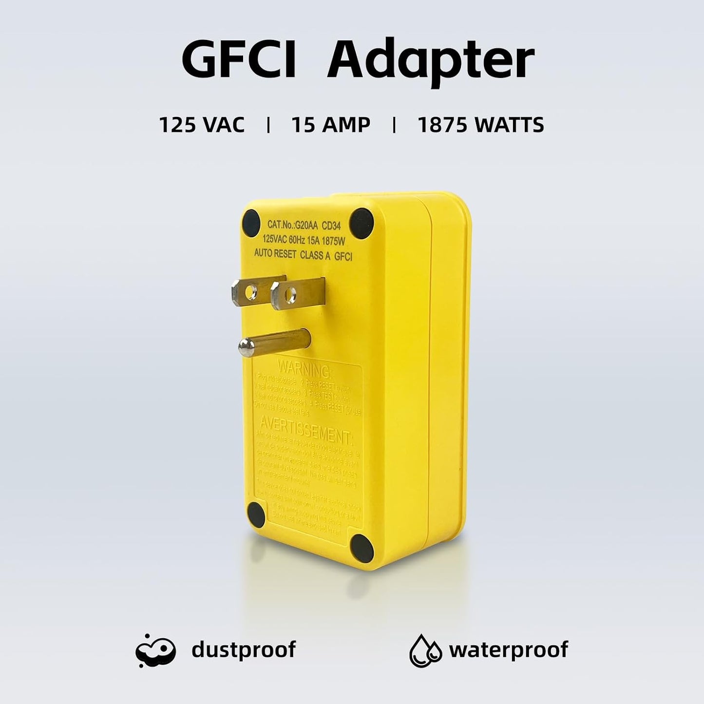 EP GFCI Adapter, 15 AMP Grounded 3-Prong Single Outlet for Indoor Use with Manual Reset, UL Listed, Yellow, 1 Pack
