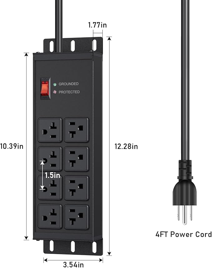 JUNNUJ Heavy Duty 20 Amp Surge Protector 4800J, Garage Metal 8 Outlets 12 Gauge - Image 7