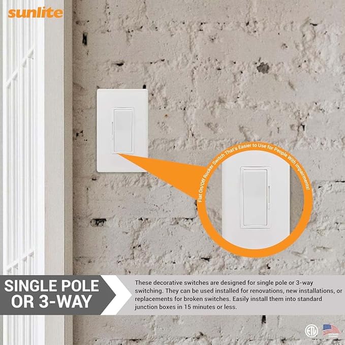 Sunlite LED Wall Rocker Style, Slide Bar Triac Dimmer Switch, Screwless Wall - Image 7