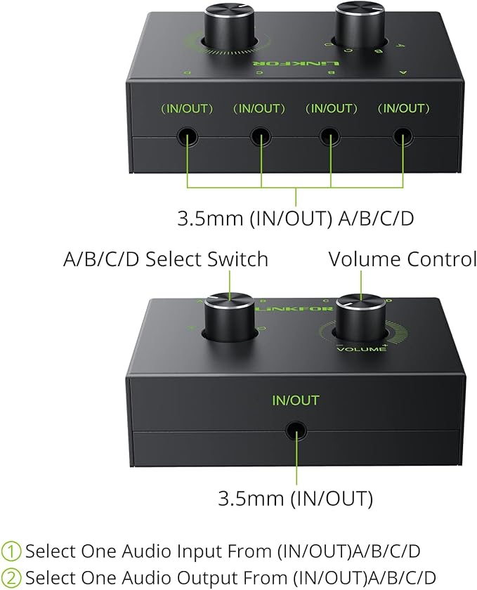 LiNKFOR 4 Port 3.5mm Stereo Audio Switch, 4 Way Stereo Audio Selector, 4 Input - Image 2