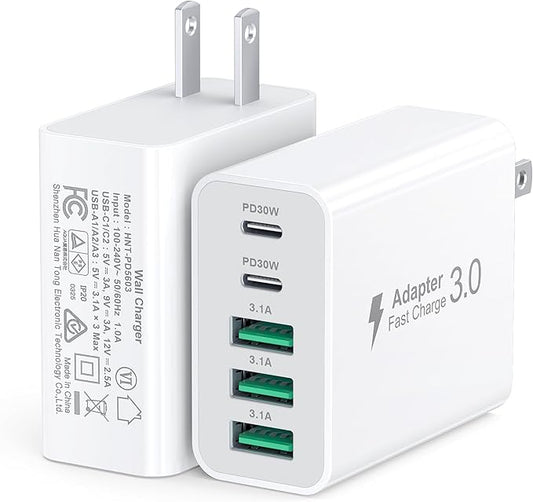 60W Fast Charger Block, 5-Port Dual 30W PD Charging Adapter+QC 3.0 Wall Plug by Dulums
