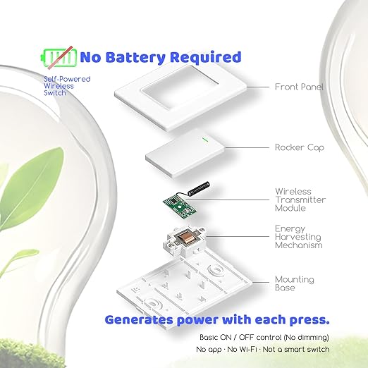 Wireless Light Switch and Receiver Kit, Self-Powered, No WiFi Needed, Remote - Image 2