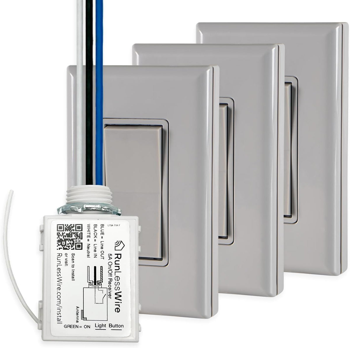 RunLessWire 4-Way Battery-Free DIY Wireless Light Switch Kit 150ft RF Range