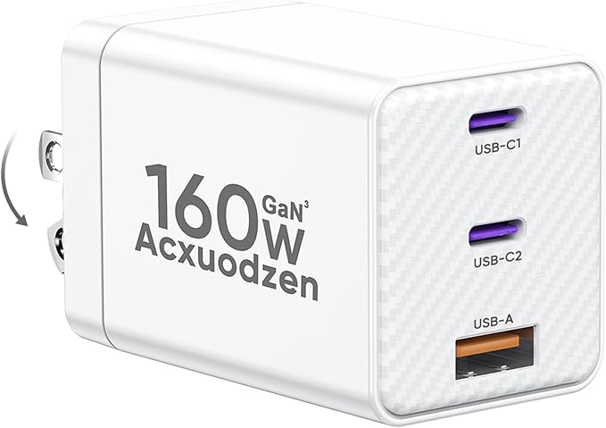 USB C Charger Block 160W, 3-Port GaN Super Fast Charger, Dual 65W Type C by Acxuodzen
