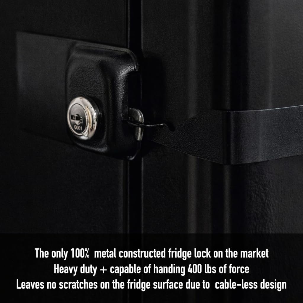 Child Proof Fridge Lock with Keys | 100% Metal, No Drill | Baby Proof Refrigerator Lock for Toddlers | 400 lbf (1 Pack, Black)