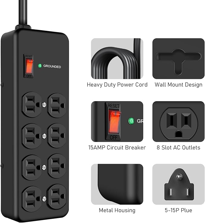 HEZI 8 Outlet Heavy Duty Power Strip, 15Amp Metal Mountable Surge Protector - Image 2