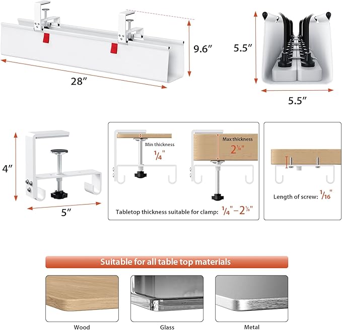 Univivi No Drill Under Desk Cable Management Tray, Clamp/Screw Mount Desk Cable - Image 4