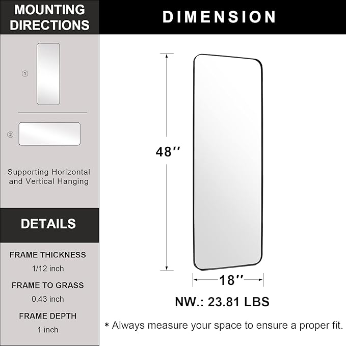 ANDY STAR 18" x 48" Full Length Wall Mirror, Large Black Mirror - Image 4